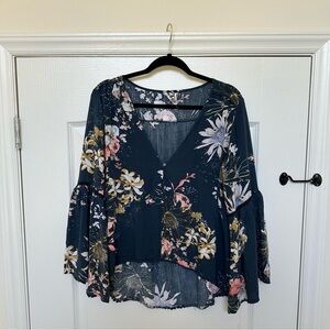 Jaase Floral Button-Up V-Neck, Bell Sleeve, Hi-Low Hem, Flowy Blouse Top, Size M
